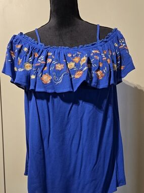 SHEIN Royal Blue Off-Shoulder Embroidered Ruffle Camisole